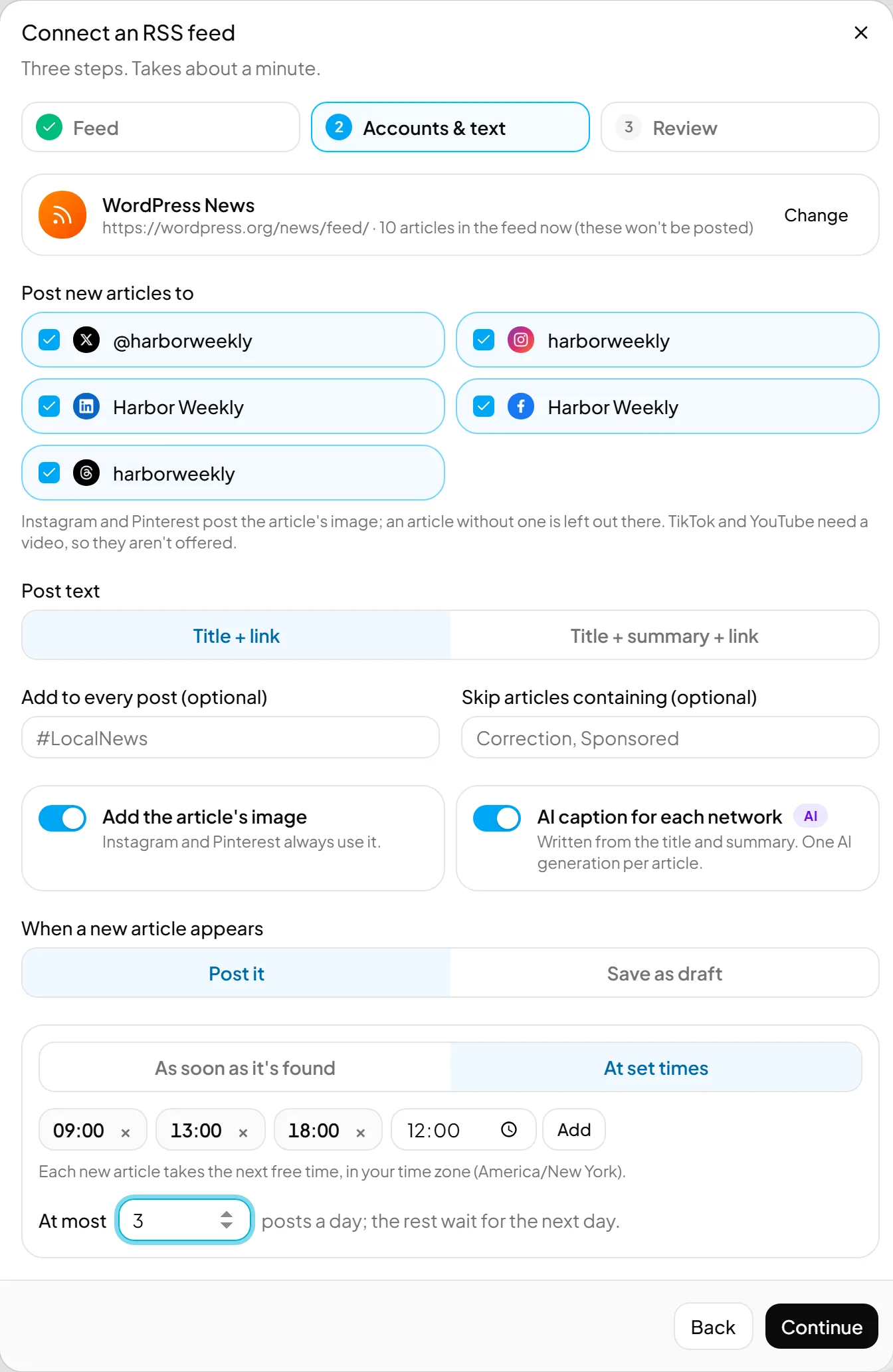 Step 2 of adding a feed: accounts, post text, article image, AI caption, set times and a daily limit