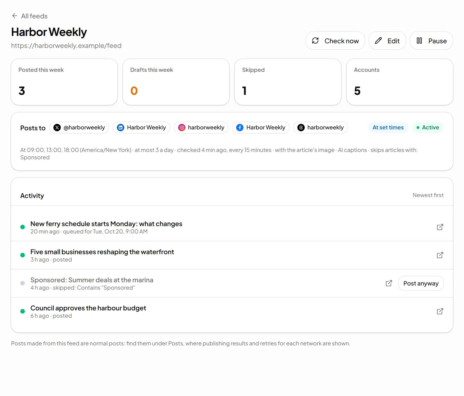 A feed's page in Fuxux: the accounts it posts to, set times, and the activity list with posted, queued and skipped articles