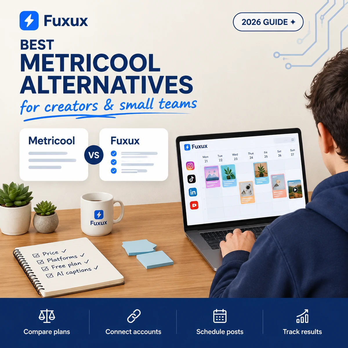 Best Metricool alternatives for creators and small teams: Metricool vs Fuxux, with a weekly scheduling calendar on a laptop