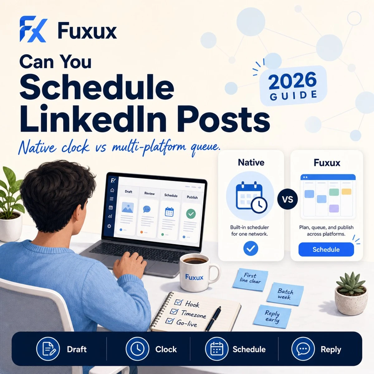 Can you schedule LinkedIn posts workflow with native clock scheduler and creator checklist