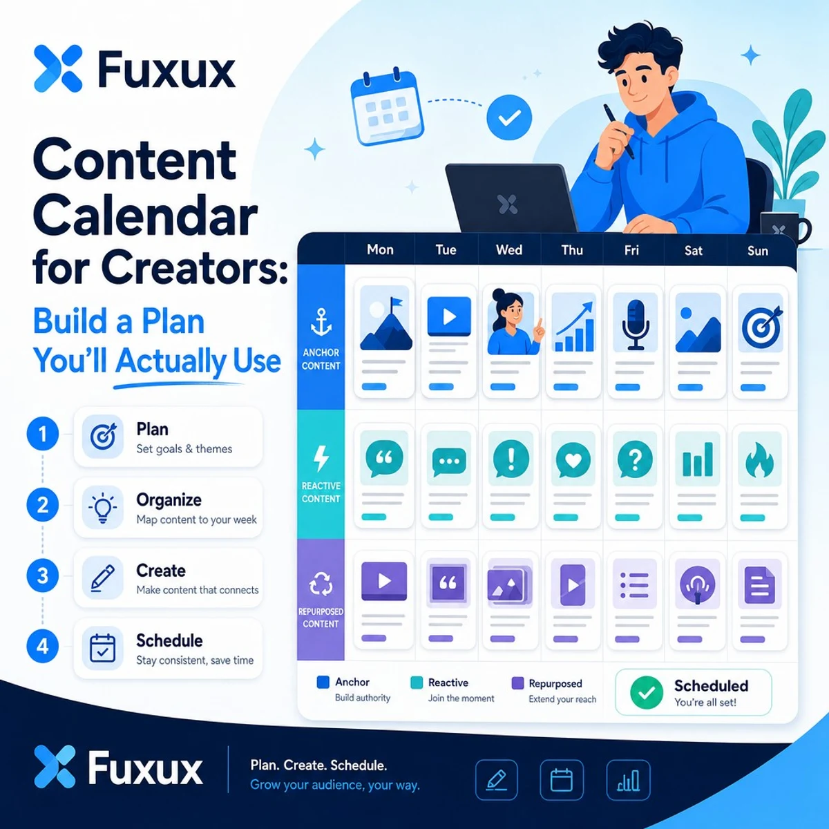 Content calendar for creators with weekly planning cards, platform slots, and publishing workflow