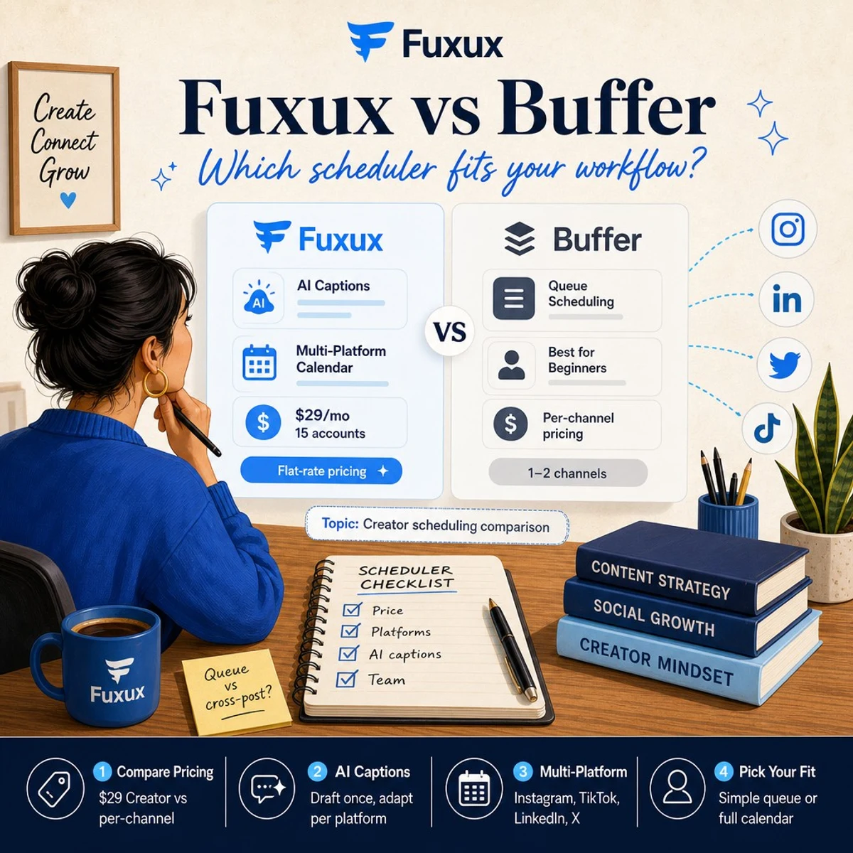 Fuxux vs Buffer for Creators: Pricing, AI Captions & Multi-Platform Scheduling