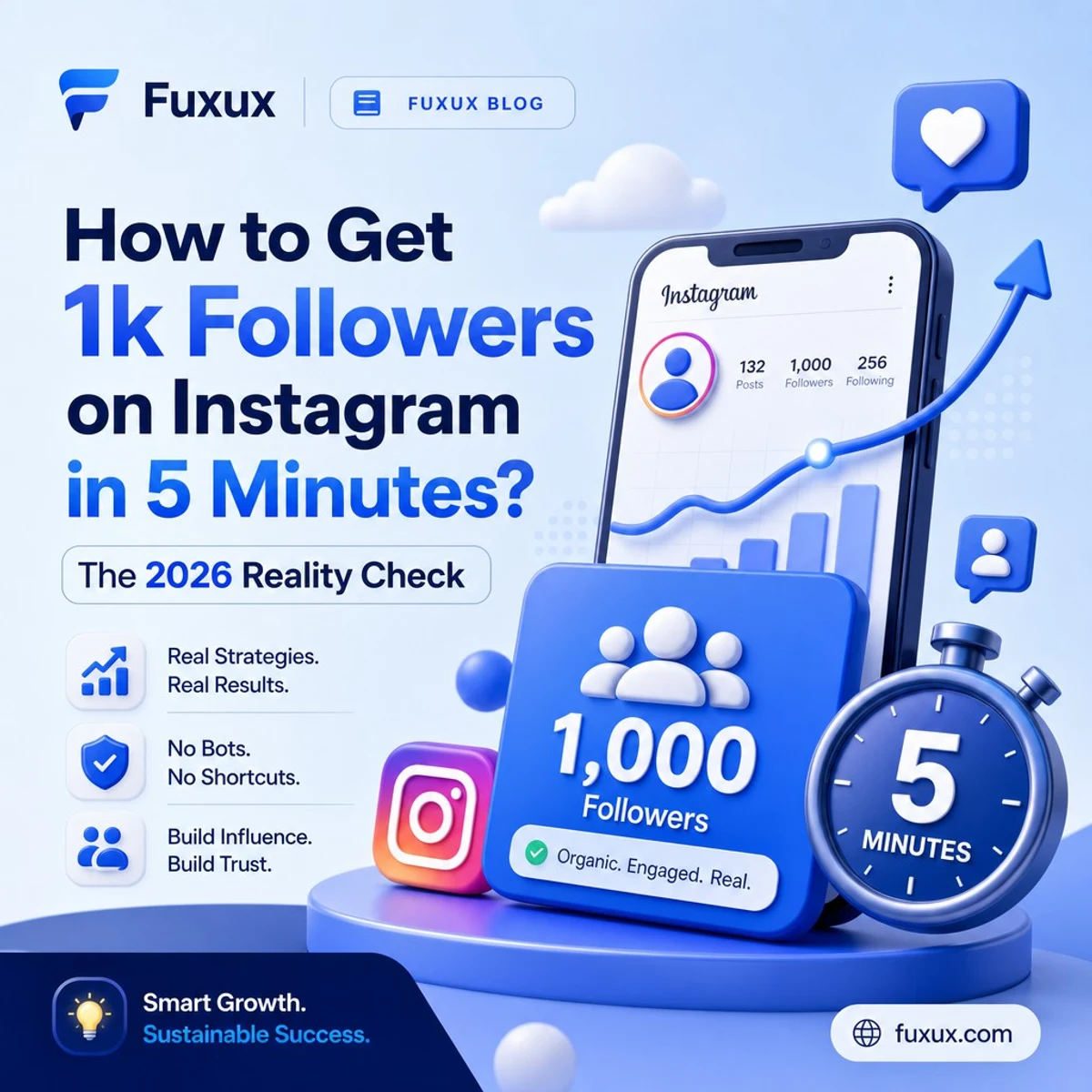 Instagram growth workflow showing five minute profile cleanup, real followers, Reels, carousels, and engagement flywheel
