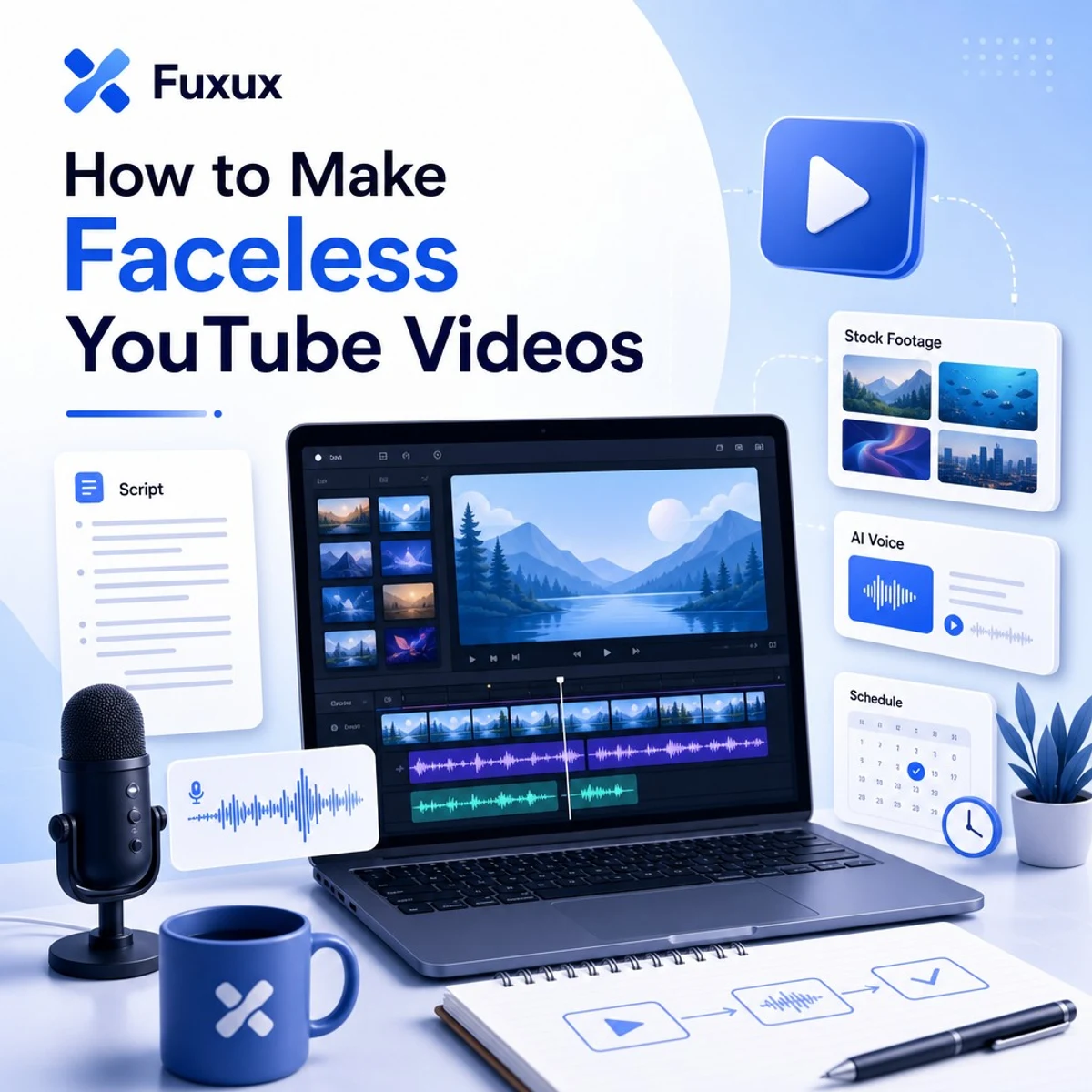 Faceless YouTube video workflow with script, voiceover, visuals, editing, and publishing calendar