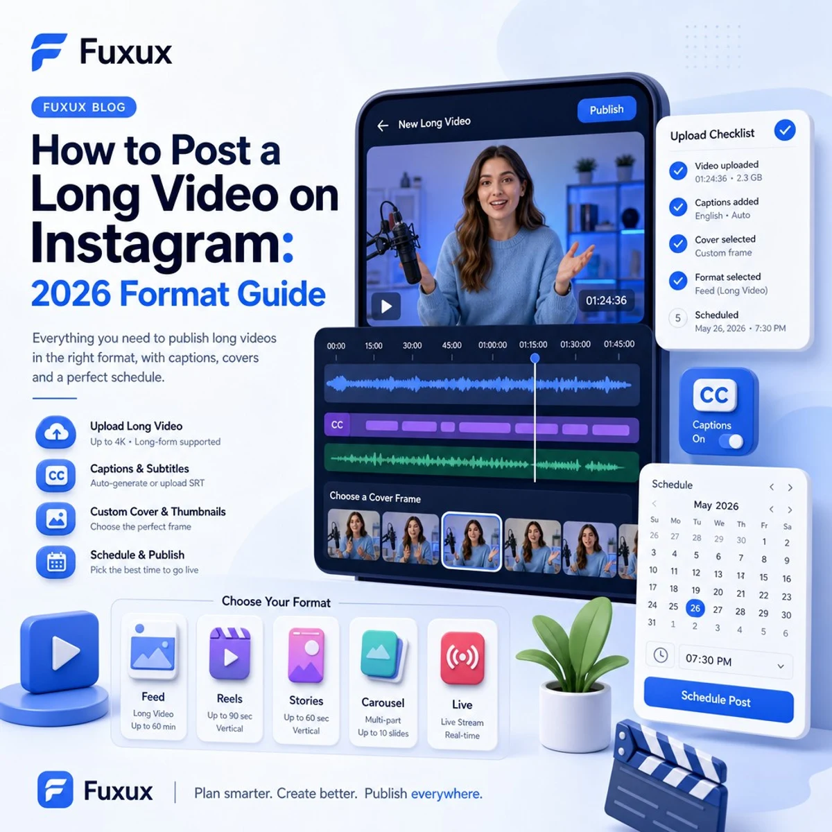 Instagram long video workflow with feed, Reels, Stories, Live, carousel clips, and upload checklist
