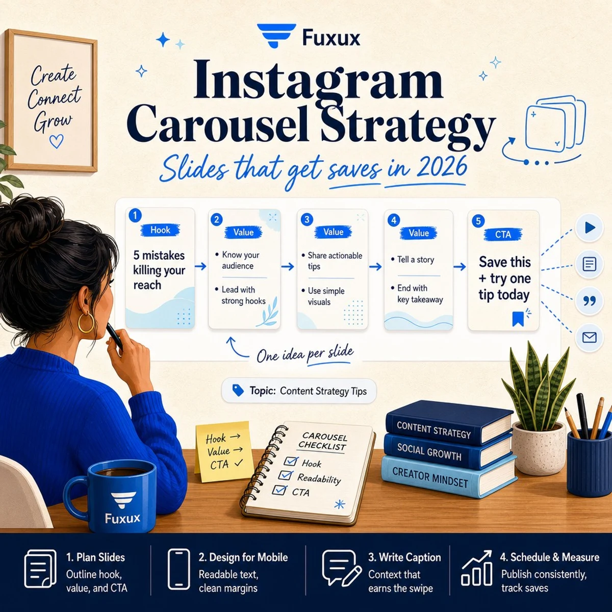 Instagram carousel strategy with slide hook, value slides, and save-worthy CTA workflow