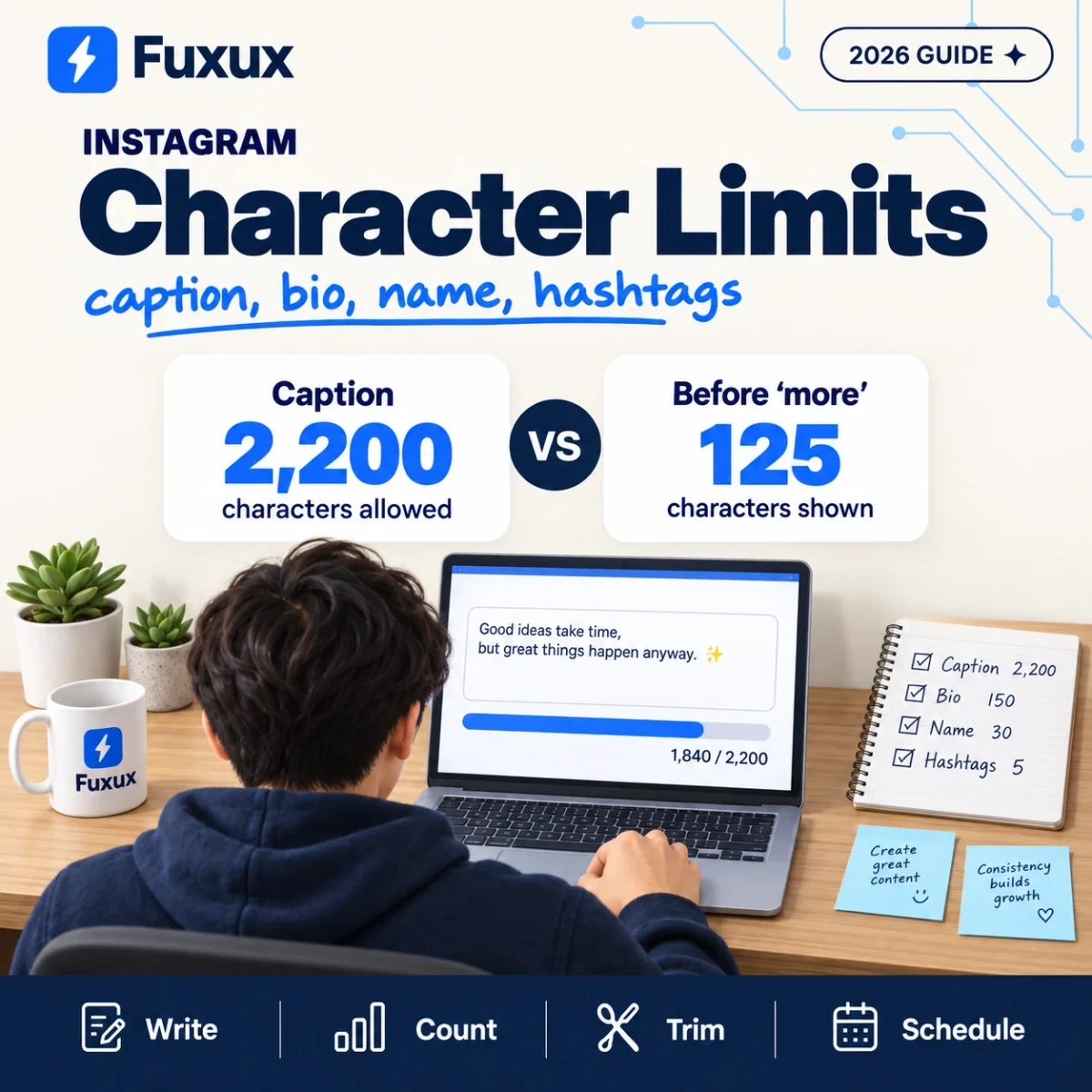 Instagram character limits: 2,200 characters for a caption, about 125 shown before more, 150 for a bio