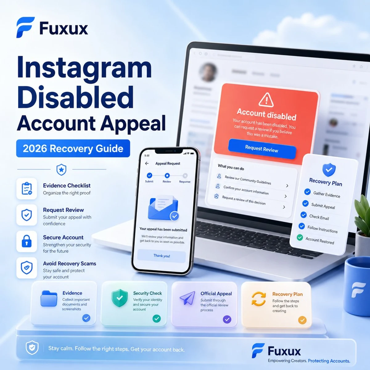 Instagram disabled account appeal workflow with login warning, evidence checklist, review timeline, and recovery plan
