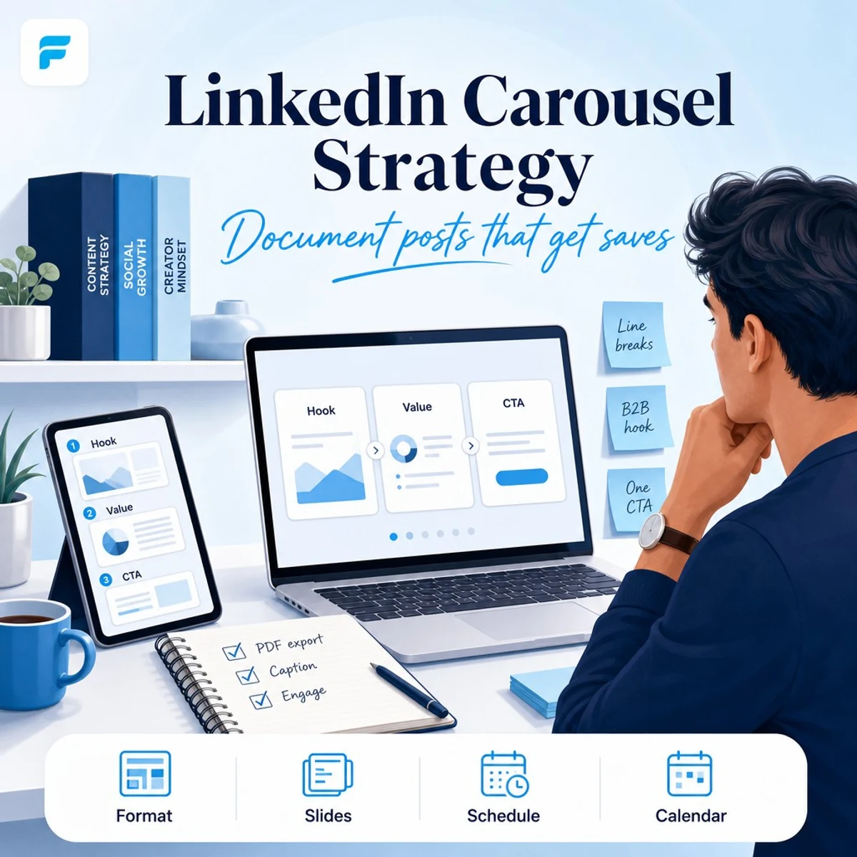 LinkedIn carousel strategy with document post hook, value slides, and professional CTA workflow