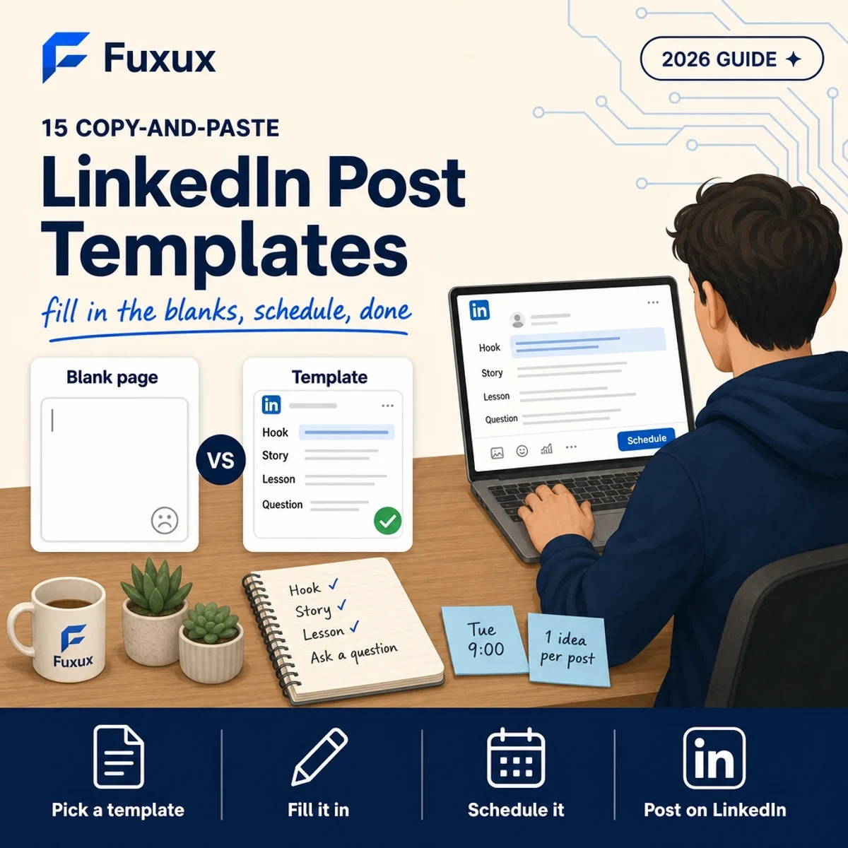 15 copy-and-paste LinkedIn post templates: hook, story, lesson, question