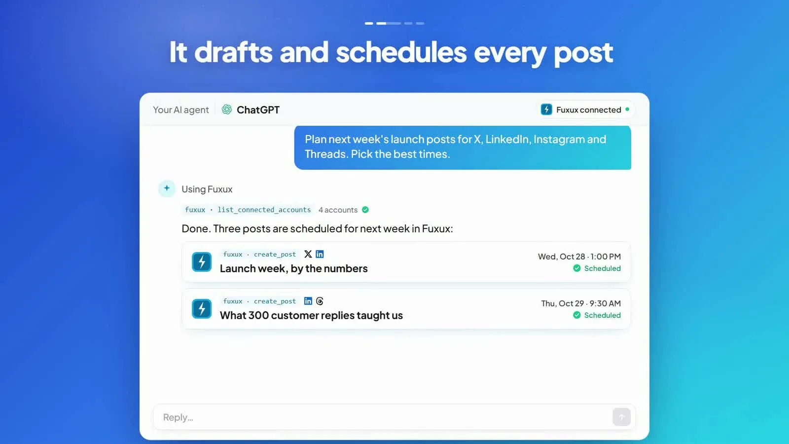 An AI assistant calling a scheduler's tools to check accounts and create posts