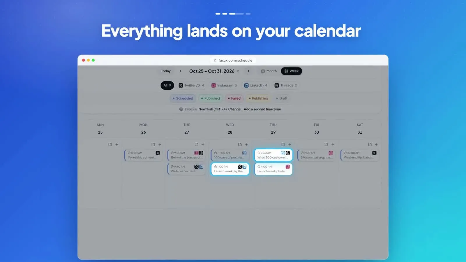 A weekly calendar with one draft card per post and network