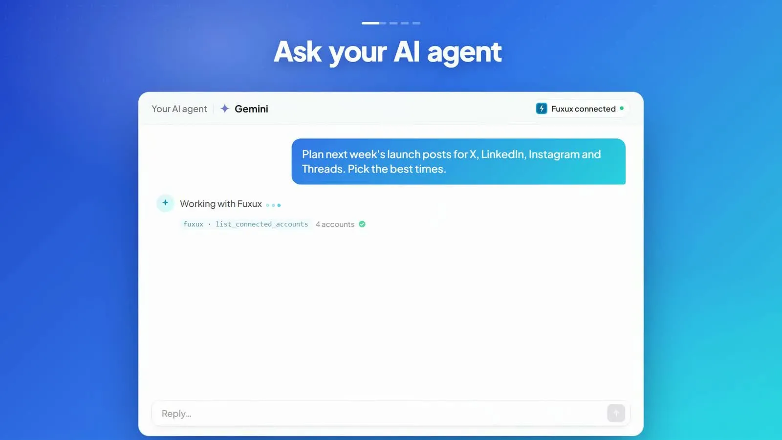 The assistant listing the user's connected social accounts
