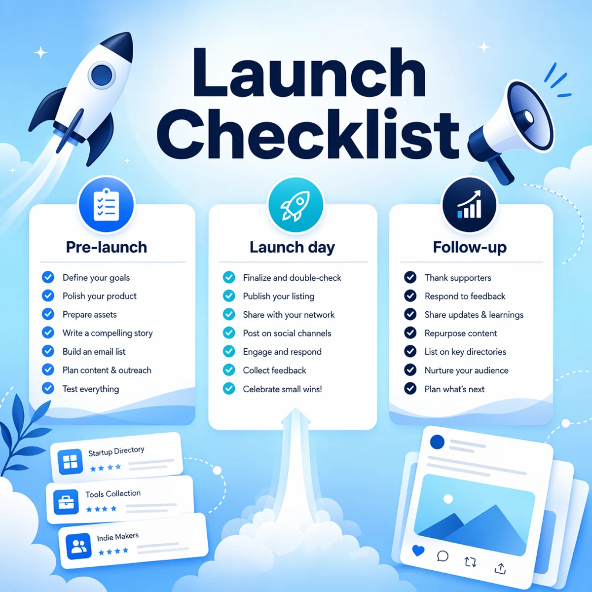 Social media launch checklist with pre-launch, launch day, and post-launch workflow cards