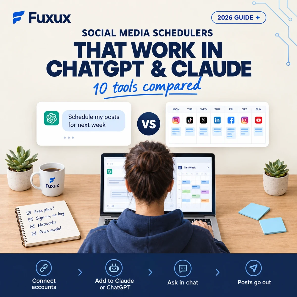 Social media schedulers that work in ChatGPT and Claude: a chat request to schedule next week's posts next to a weekly calendar