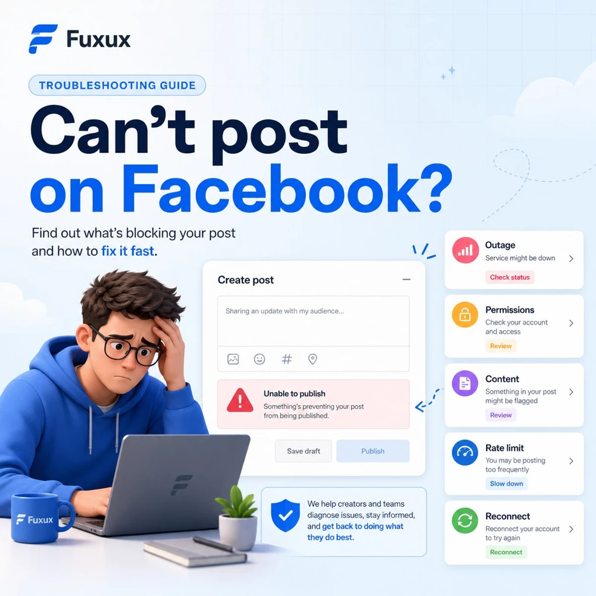 Fuxux troubleshooting guide banner for fixing a failed Facebook post